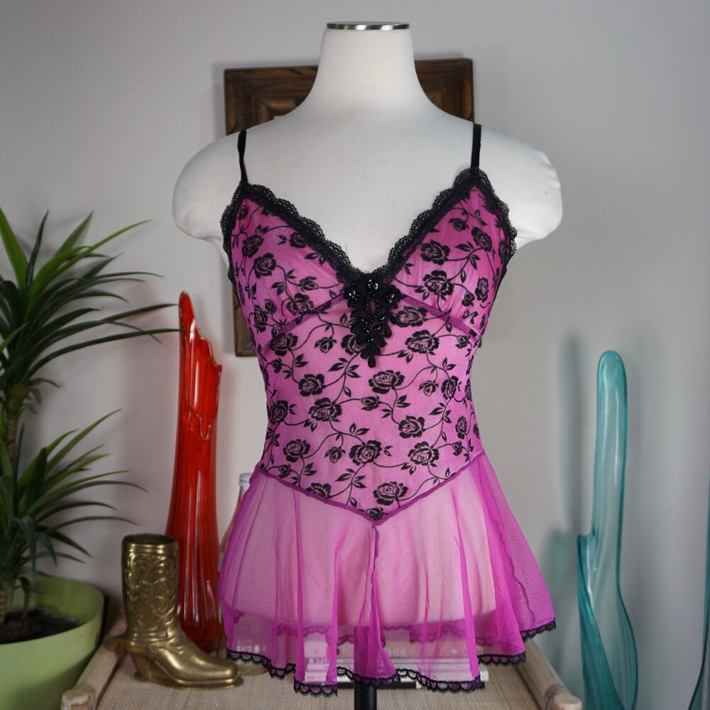 Vintage Secret Treasure pink sheer peplum floral lingerie